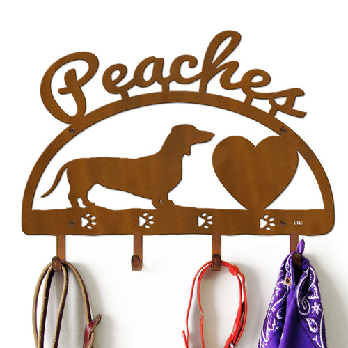 Dachshund Personalized Leash Organizer Wall Hooks- Choose Color or Paint it Yourself - heart script rust