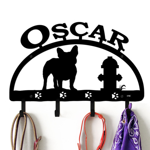 French Bulldog Personalized Leash Organizer Wall Hooks- Choose Color or Paint it Yourself - hydrant block black