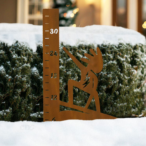 Kokopelli Snowboarder 36-inch Snowfall Gauge Rust Metal Yard Sculpture - Outdoor Lawn Art