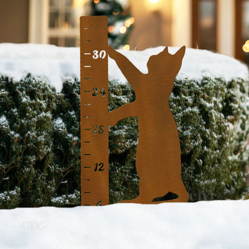 Reaching Cat 36-inch Snowfall Gauge Rust Metal Yard Sculpture - Outdoor Lawn Art