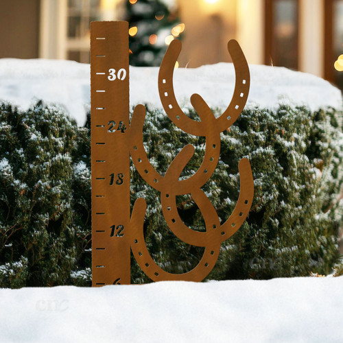 Horseshoes 36-inch Snowfall Gauge Rust Metal Yard Sculpture - Outdoor Lawn Art