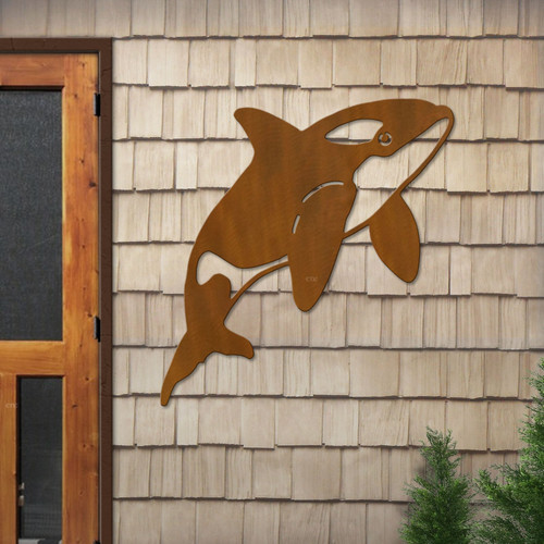 Big 42-inch Orca Killer Whale: Rust Metal Outdoor Wall Art - Coastal Decor