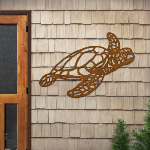 Big 42-inch Sea Turtle Swimming: Rust Metal Outdoor Wall Art - Coastal Decor