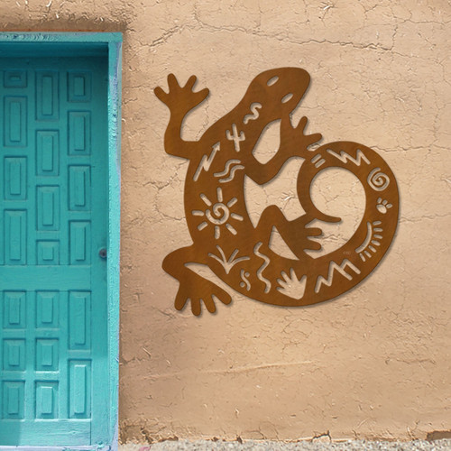 Big 40-inch Gecko Tales Petroglyphs: Rust Metal Outdoor Wall Art - Southwest Decor
