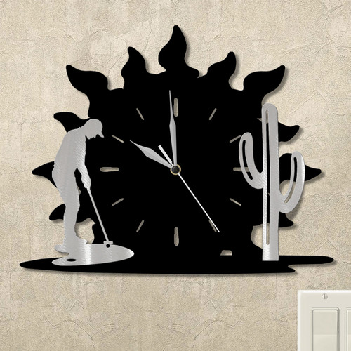 Man Putting and Cactus Sunrise Wall Clock in satin black