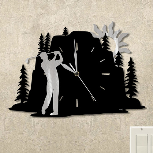 Golfing Man Evergreen Mountain Wall Clock in satin black