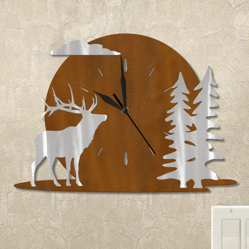 Elk and Trees Moonrise Wall Clock in rust patina