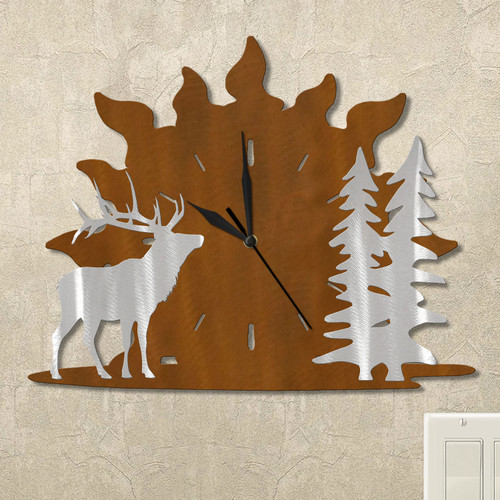 Elk and Trees Sunrise Wall Clock in rust patina