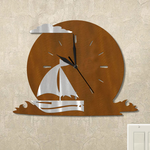 Sailboat Ocean Moon Wall Clock in rust patina