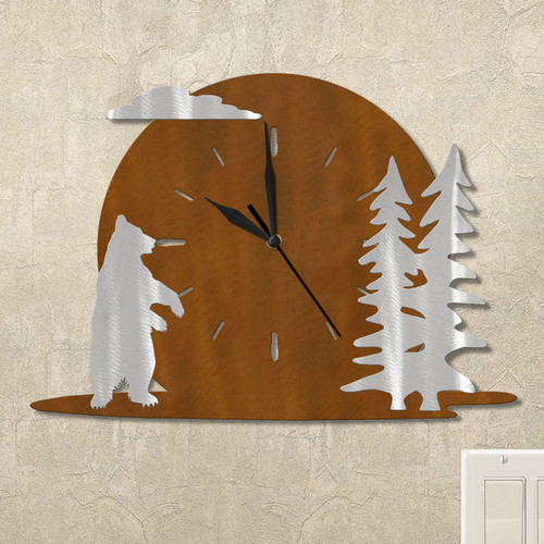 Standing Bear and Trees Moonrise Wall Clock in rust patina