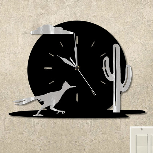 Roadrunner and Cactus Moonrise Wall Clock in satin black