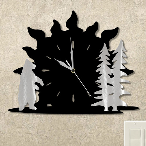 Standing Bear and Trees Sunrise Wall Clock in satin black