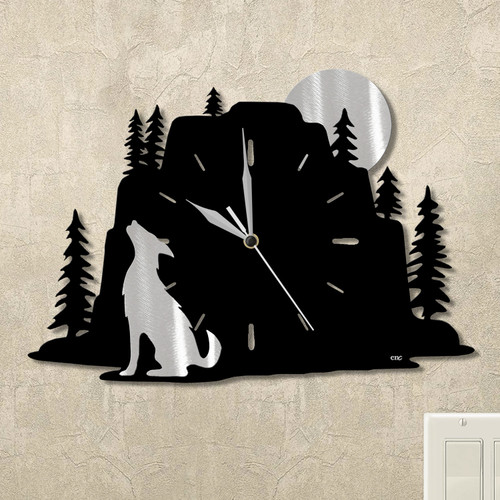 Coyote and Moon Evergreen Mountain Wall Clock in satin black