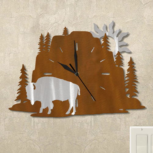 Buffalo Evergreen Mountain Wall Clock in rust patina