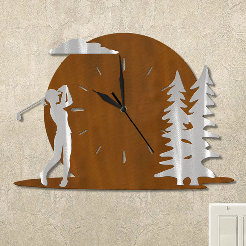 Golfing Woman and Trees Sunset Wall Clock in rust patina