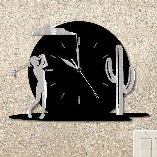 Golfing Woman and Cactus Sunset Wall Clock in satin black