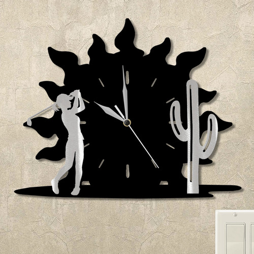 Golfing Woman and Cactus Sunrise Wall Clock in satin black