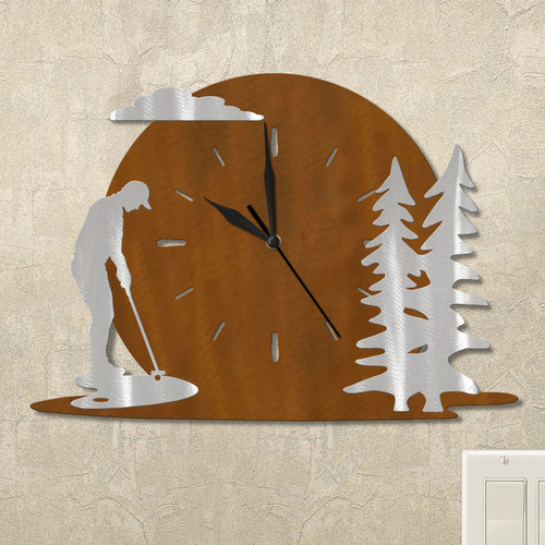 Man Putting and Trees Sunset Wall Clock in rust patina