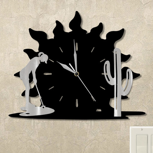 Woman Putting and Cactus Sunrise Wall Clock in satin black