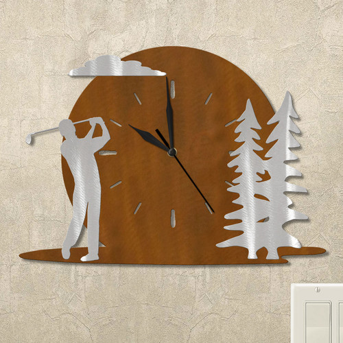 Golfing Man and Trees Sunset Wall Clock in rust patina