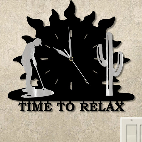 Man Putting and Cactus Sunrise Personalized Wall Clock in satin black