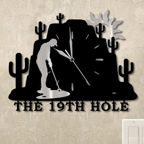 Man Putting Cactus Mountain Personalized Wall Clock in satin black