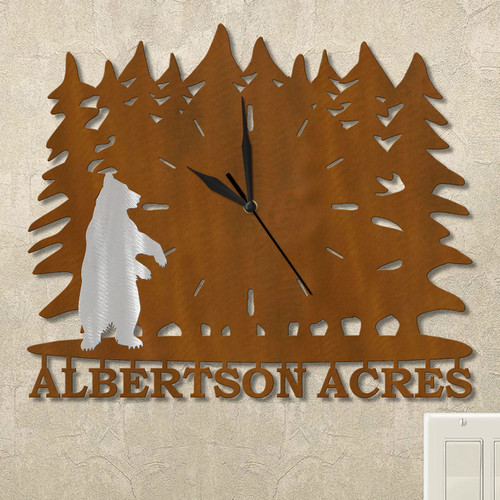 Standing Bear Trees Personalized Wall Clock in rust patina