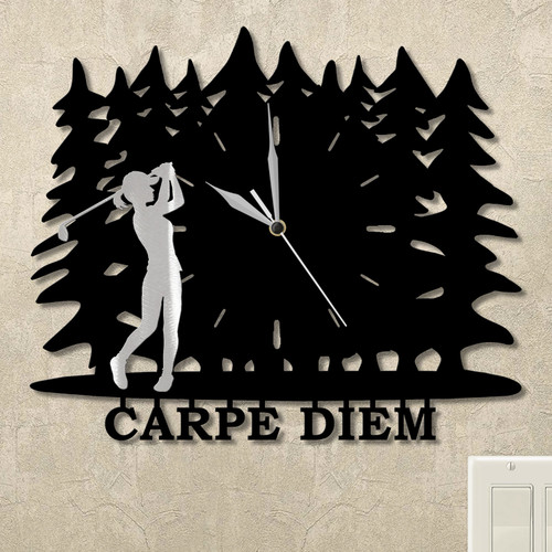 Golfing Woman Trees Personalized Wall Clock in satin black