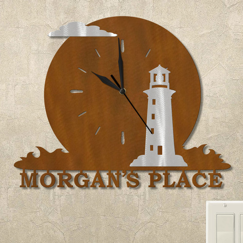 Lighthouse Ocean Moon Personalized Wall Clock in rust patina