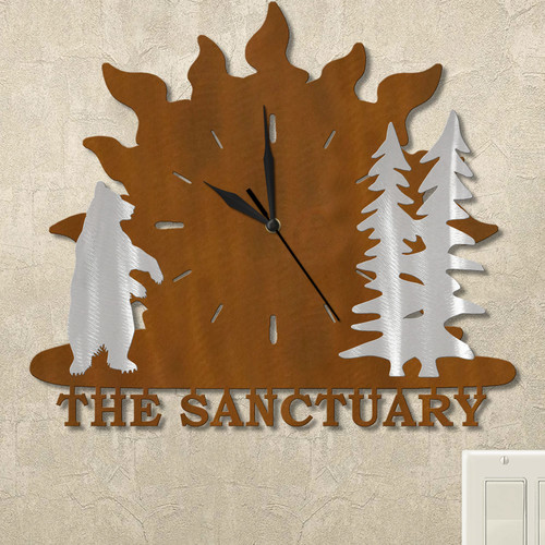 Standing Bear and Trees Sunrise Personalized Wall Clock in rust patina