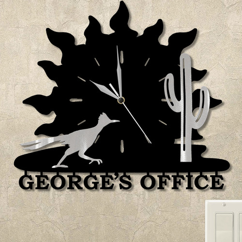 Roadrunner and Cactus Sunrise Personalized Wall Clock in satin black