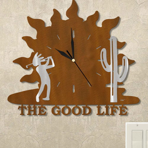 Desert Kokopelli Golfer Sunrise Personalized Wall Clock in rust patina