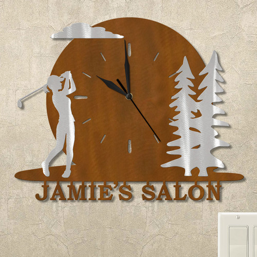 Golfing Woman and Trees Sunset Personalized Wall Clock in rust patina