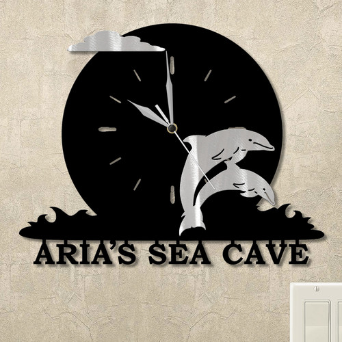 Dolphins Ocean Moon Personalized Wall Clock in satin black