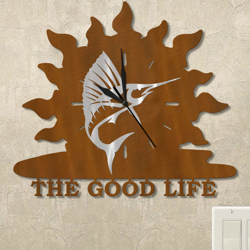 Sailfish Sunrise Personalized Wall Clock in rust patina