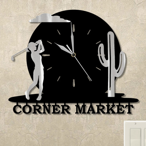 Golfing Woman and Cactus Sunset Personalized Wall Clock in satin black