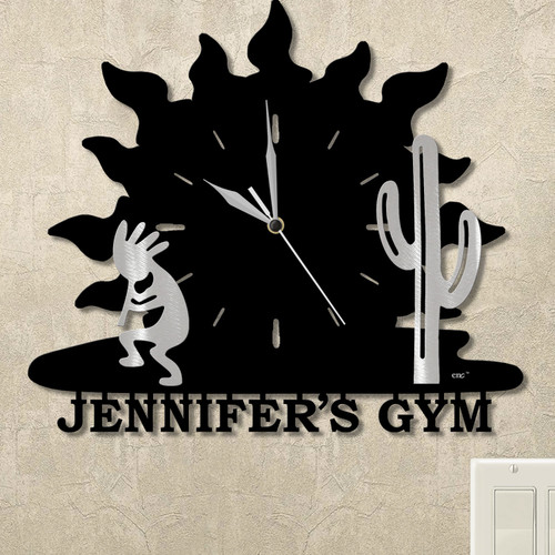 Kokopelli Cactus Sunrise Personalized Wall Clock in satin black