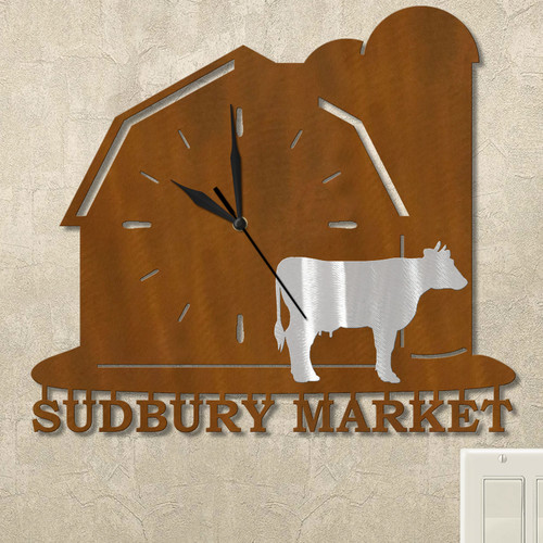 Cow Barn Personalized Wall Clock in rust patina