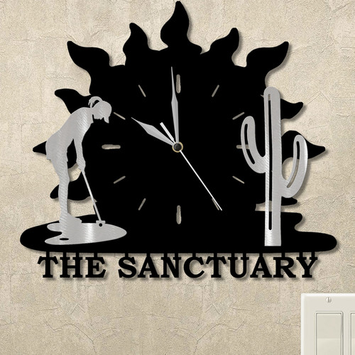 Woman Putting and Cactus Sunrise Personalized Wall Clock in satin black