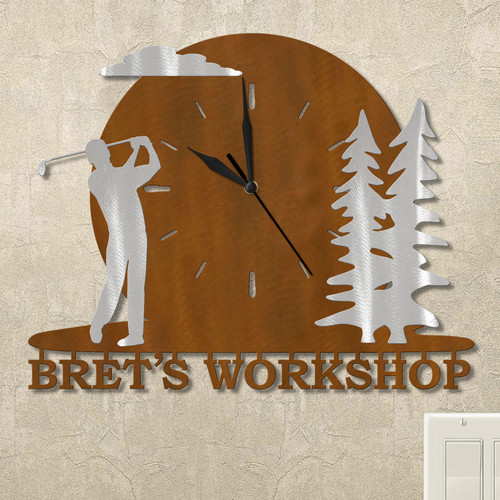 Golfing Man and Trees Sunset Personalized Wall Clock in rust patina
