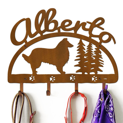 Collie Personalized Leash Organizer Wall Hooks- Choose Color or Paint it Yourself - trees script rust