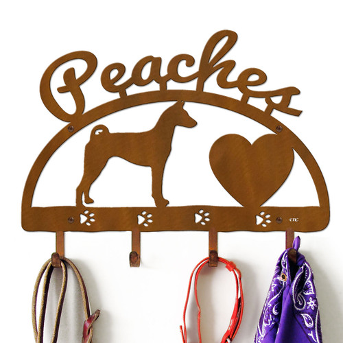 Basenji Personalized Leash Organizer Wall Hooks- Choose Color or Paint it Yourself - heart script rust