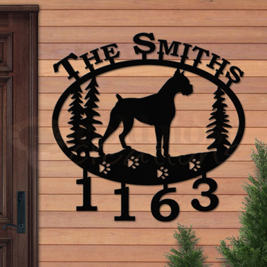 Custom Dog Theme Boxer Name and Address Oval Outdoor Wall Sign