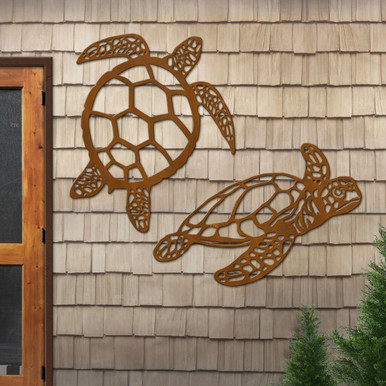 Rust Turtle Set Big 87-inch Sea Turtle Two Piece Set: Rust Metal Outdoor Wall Art ...