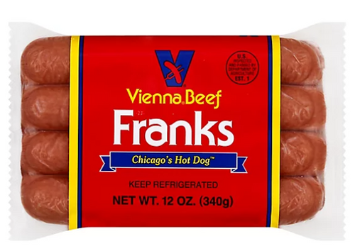 Vienna Beef Beef Franks – 12 oz skinless package showing bright red label with yellow Vienna “V” logo and classic Chicago-style branding.