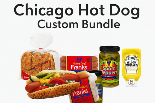 Chicago-style hot dog with Vienna Beef frank, sport peppers, neon green relish, mustard, tomato, pickle, and poppy seed bun.