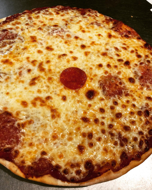Baked Pagliai’s pepperoni pizza with melted cheese and a single pepperoni in the center.