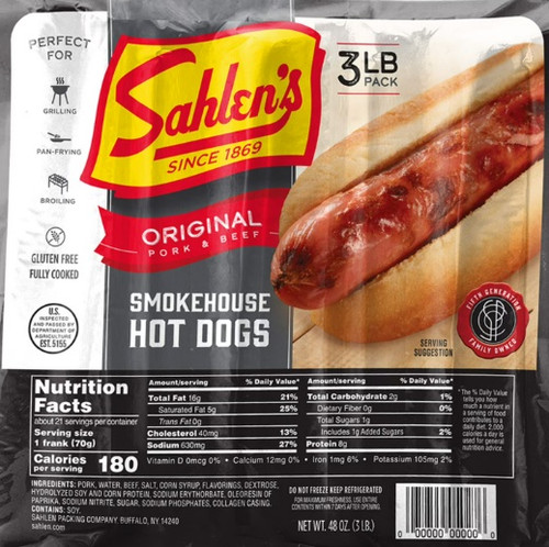 Sahlen’s Smokehouse Pork & Beef Hot Dogs 3 lb pack – front packaging showing brand logo on red background