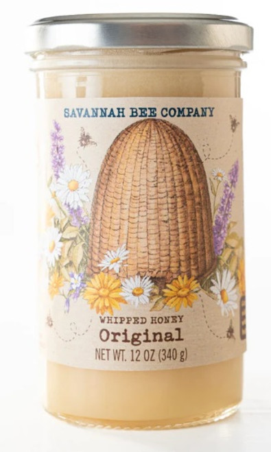 Savannah Bee Company Whipped Honey Original – 12 oz jar with floral label and beehive illustration.