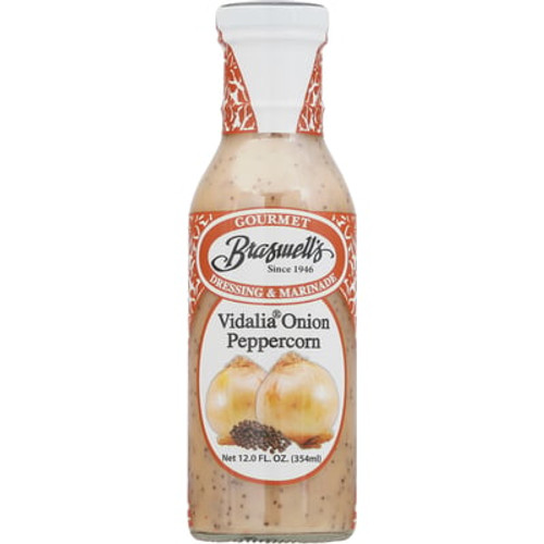 Bottle of Braswell’s Vidalia Onion Peppercorn Dressing (12 oz) featuring the gourmet label, onions and peppercorn illustration, and 12 fl oz size.